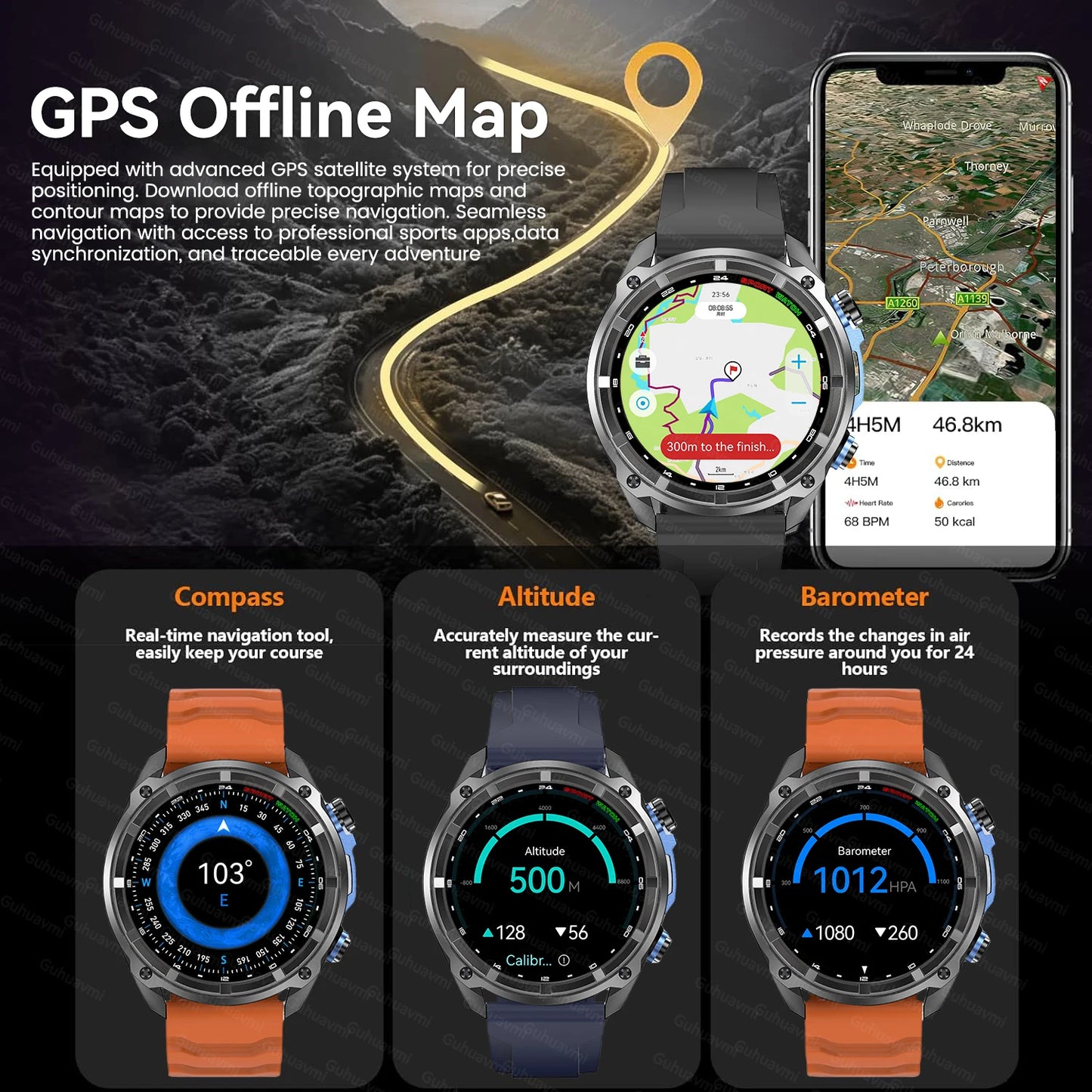 New Built in Real GPS HD Smart Watch Men Outdoor Altimeter 1000mAh Battery 4GB Memory 10ATM Waterproof Bluetooth Call Smartwatch