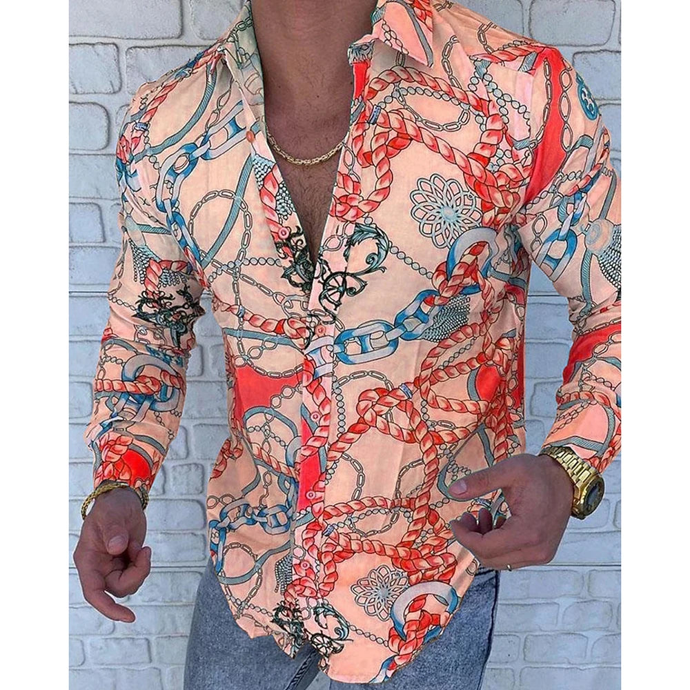Men's red patterned long-sleeved shirt men's casual versatile fashion street men's shirt lapel single-breasted long sleeve