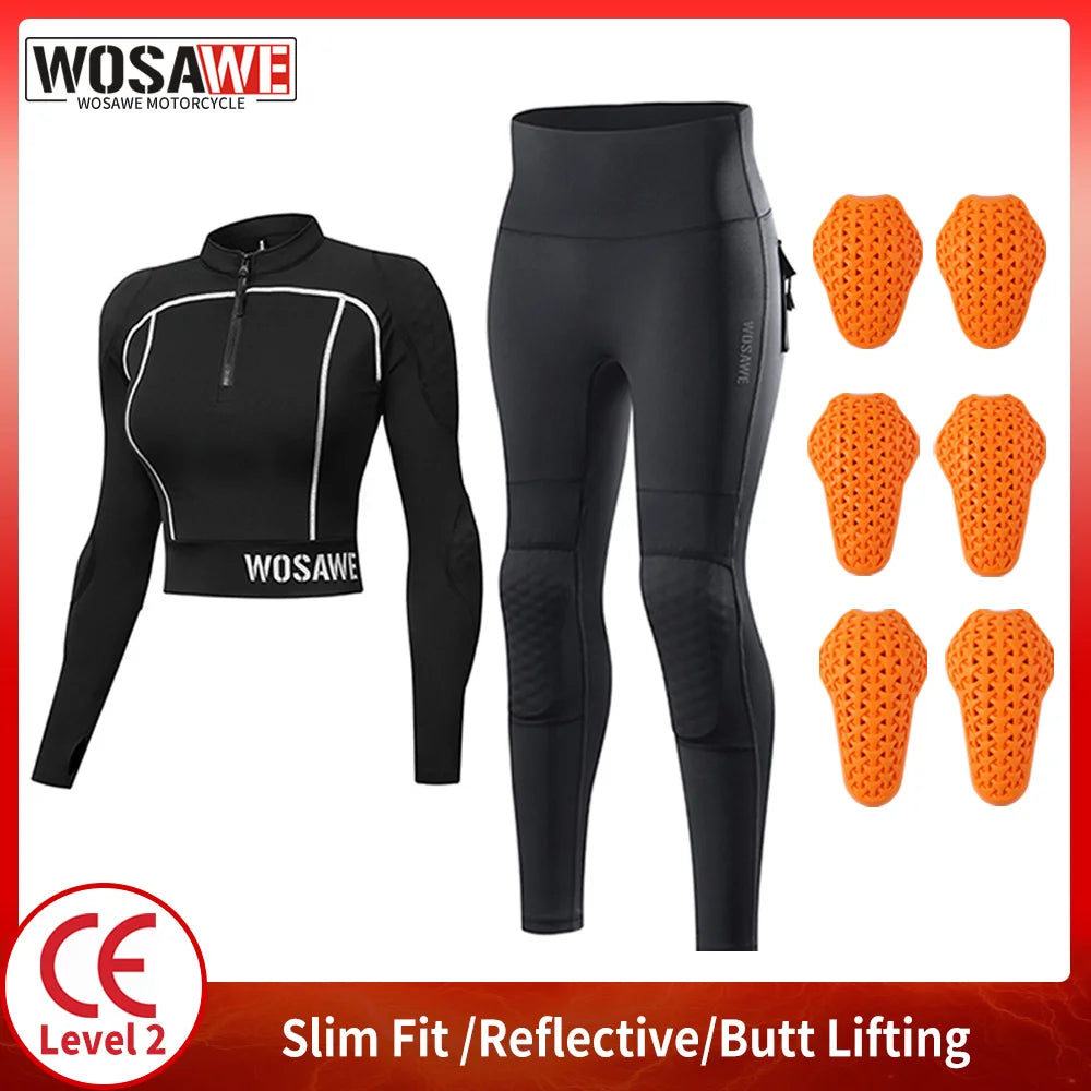 WOSAWE CE Level 1/2 Motorcycle Soft Armor Jacket Pants Set Women Biker Street Riding Clothing Sexy Fit Hip Lifting Training Wear