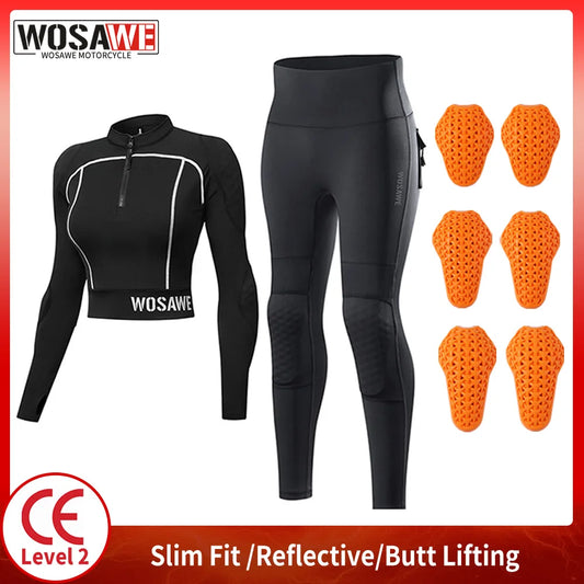 WOSAWE CE Level 1/2 Motorcycle Soft Armor Jacket Pants Set Women Biker Street Riding Clothing Sexy Fit Hip Lifting Training Wear