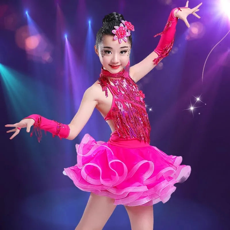 Teenager Girl 's Latin Dance Costumes Latin Skirt Sequins Performing Competition Costume Girls Salsa Dancing Tassel Dress