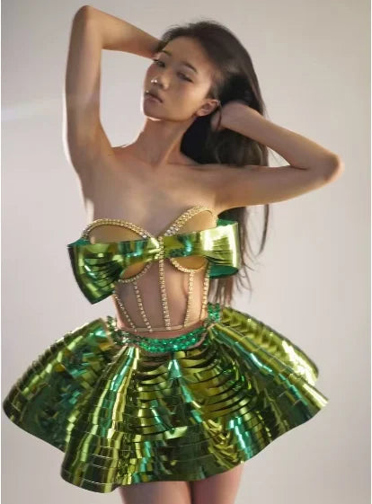 Silver Gogo DJ Singer Dance Costume Skirt Suit Electronic Syllable New Bar Flying Saucer Performance Clothing Customizable