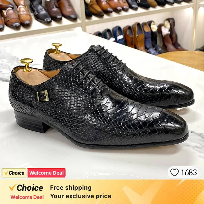 Mens Handmade Leather Dress Shoes Business Crocodile Pattern Oxford Formal Lace-Up Comfortable NonSlip Breathable Office Wedding