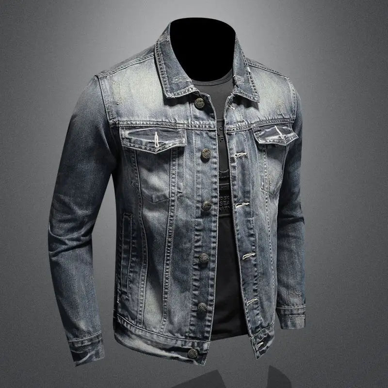 2025 Men's Autumn Winter Brand Casual Cotton Jacket with American Retro Motorcycle Embroidered Street Fashion Grey Jeans Coat