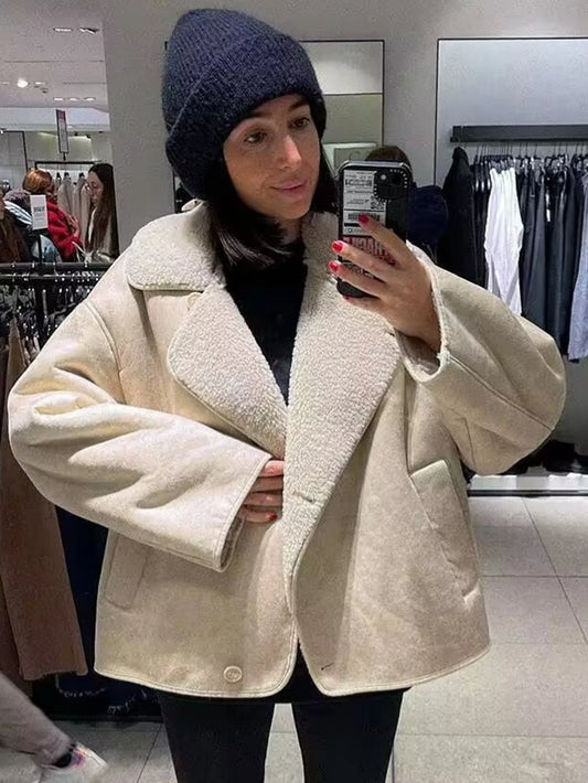 2025 autumn and winter new European and American collar fur integrated suede and velvet warm jacket for women
