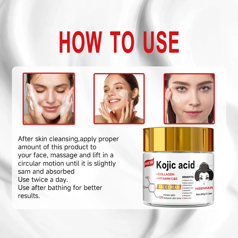 HISENRAIN Kojic Acid Cream - Brightening Glass Jar Face Moisturizer, Anti Dark Spots, Skin Whitening & Anti-Aging, for All Skin