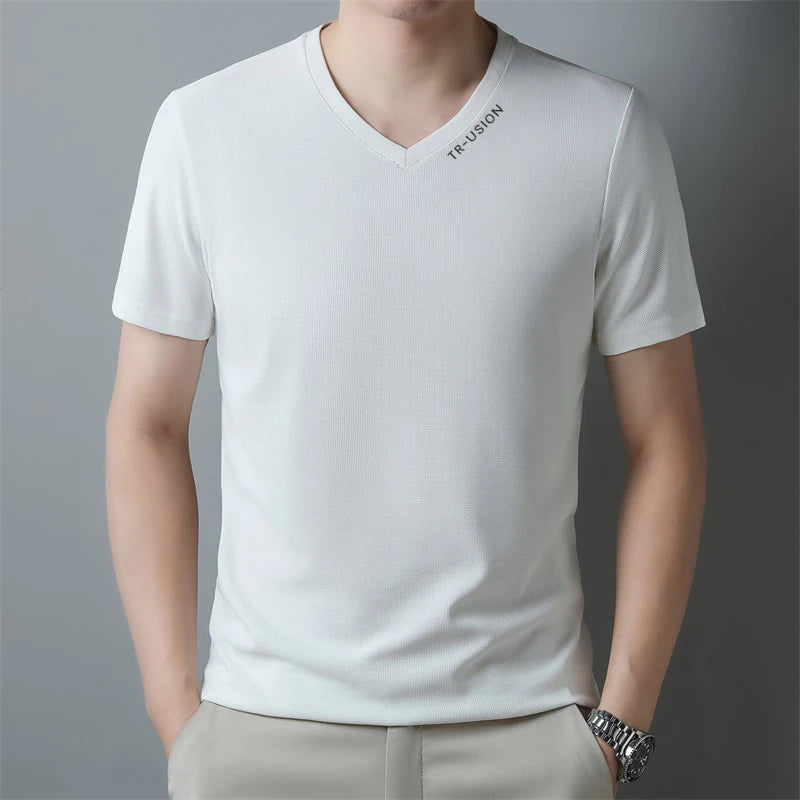 New Men's Casual and Fashionable V-neck Solid Color Short Sleeved T-shirt Breathable and Comfortable Summer Versatile Top