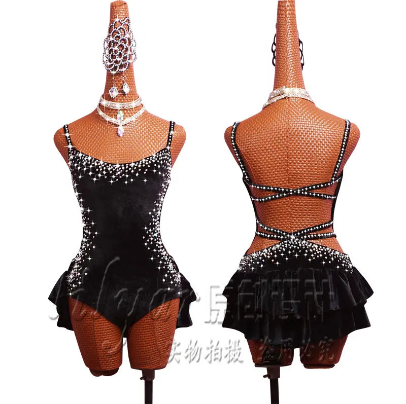 Pole Dancing Latin Dance Dress Steel Pipe Girl Costumes Skirt Performing Dress Adult Customize Children Stretch Velvet Wine  Red