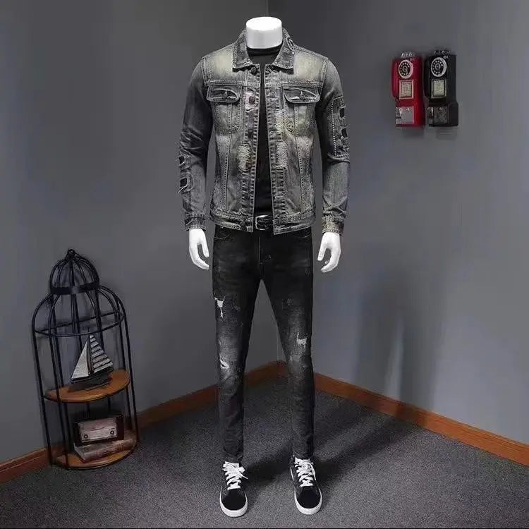 2025 Men's Autumn Winter Brand Casual Cotton Jacket with American Retro Motorcycle Embroidered Street Fashion Grey Jeans Coat