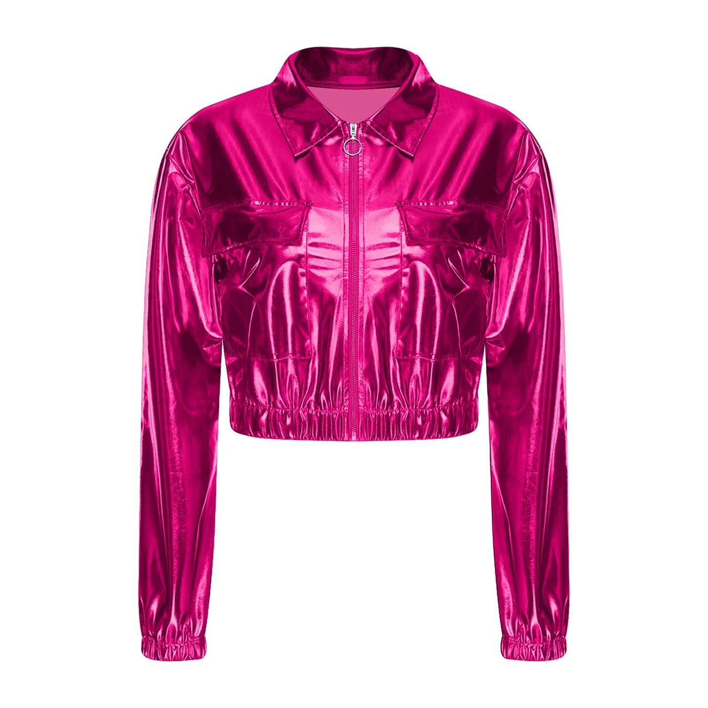Womens Metallic Shiny Cropped Jacket Lapel Long Sleeve Front Zipper Chest Flap Pockets Crop Outerwear Biker Motor Jacket Tops