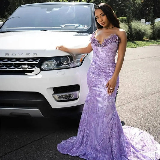 Lilac Long African Prom Dresses For Black Girls Mermaid Sweetheart Lace Beaded Prom Gowns Evening Party Customized
