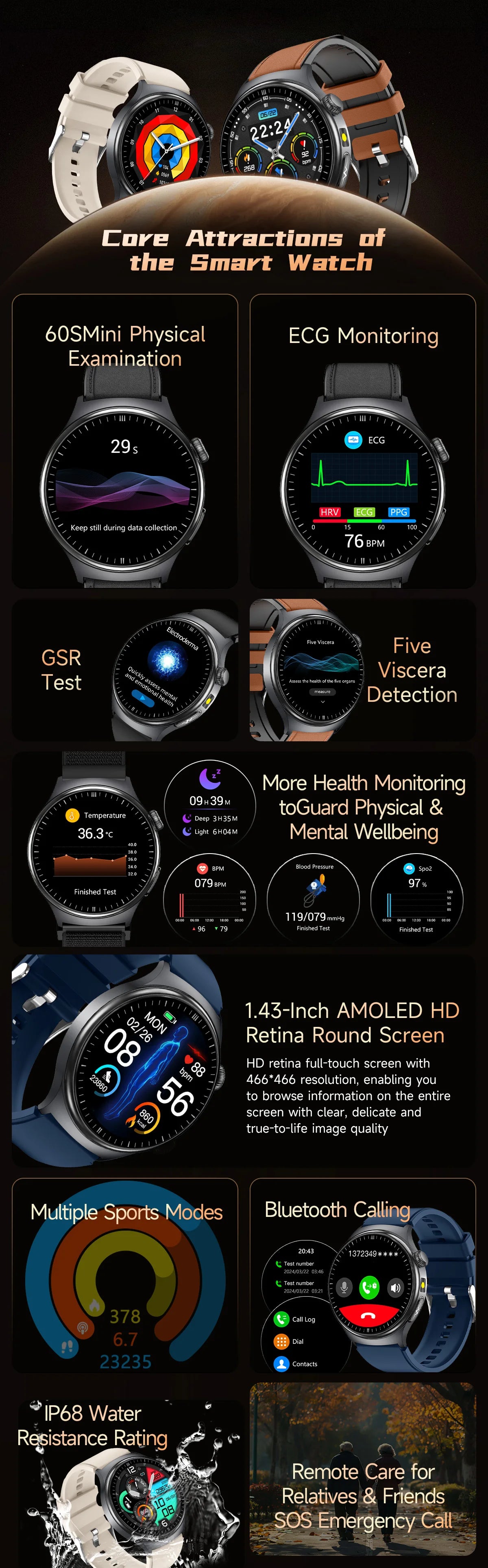 Nursing Grade Health Smartwatches For Men Women Precision Detection Heart Rate Blood Fats Uric Acid Blood Pressure ECG Smart Wat