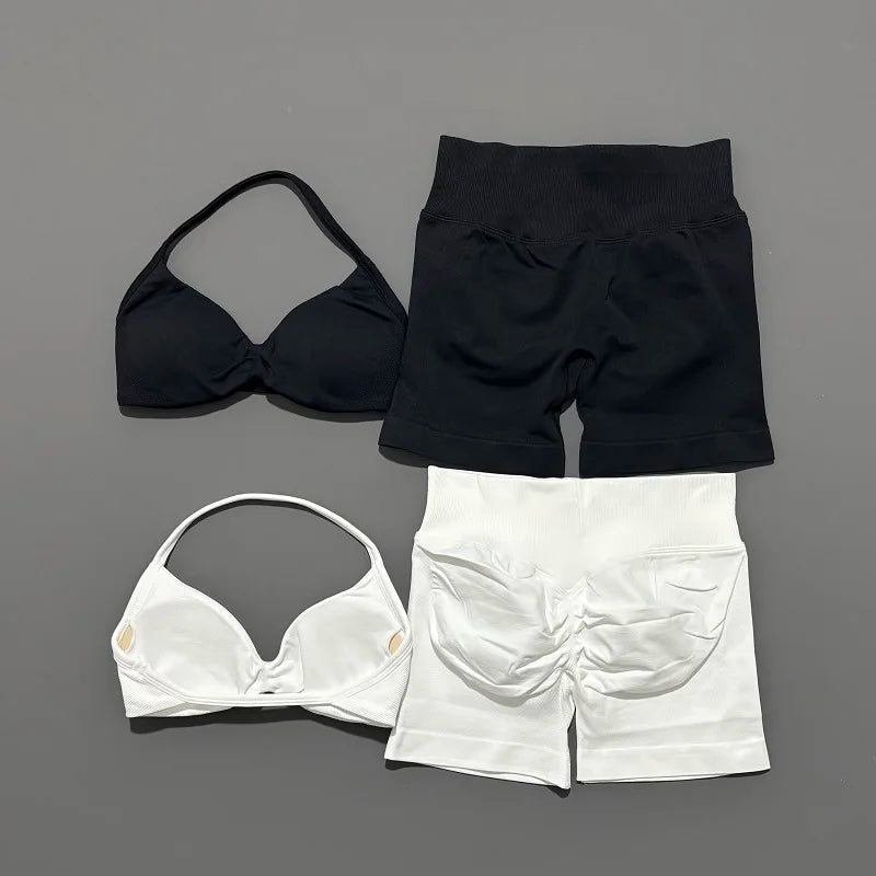 2 Piece Sports Gym Set Strappy Bra Yoga Underwear Short Sport Leggings Bicycle Running Sportswear Woman Seamless Yoga Set