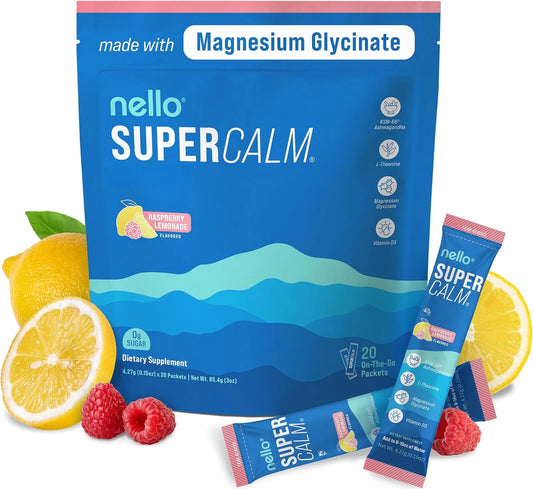 Nello Supercalm Powdered Mix, Raspberry Lemonade, L Theanine, Ksm-66 Ashwagandha, Magnesium Glycinate, Vitamin D 3, Supple