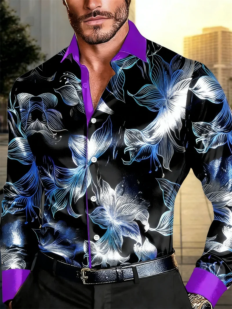 New men's long sleeved shirt casual fashion 3D petal print high-quality shirt single breasted long sleeved top