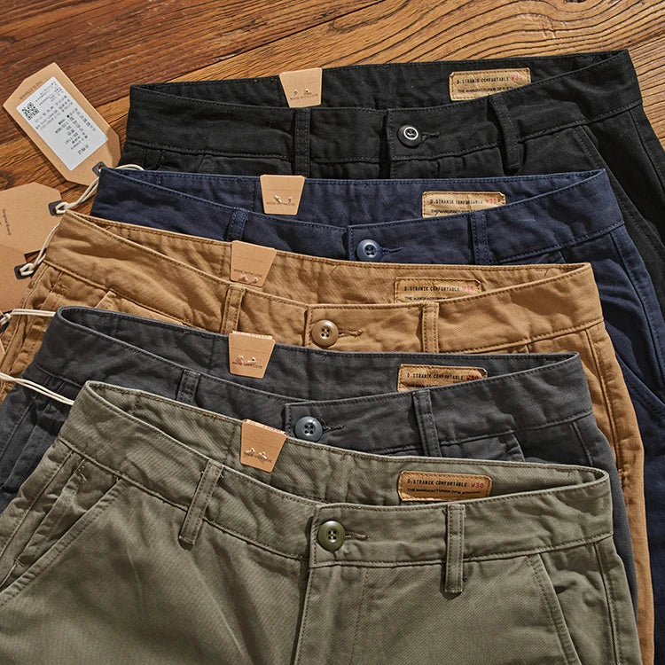 May Khaki American retro simple cargo pants men's heavy chino casual pants straight leg all matching tapered pants