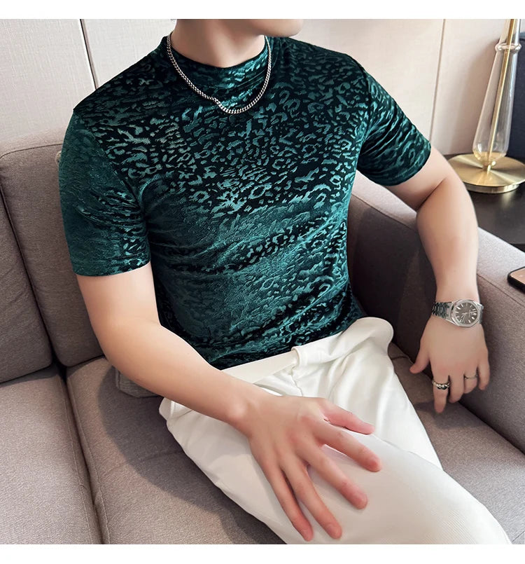 Men's T-Shirts Korean Fashion Gold Velvet Short Sleeve Mens Casual T Shirt Slim Fit Breathable Turtleneck Tee Shirt Homme 4XL-M