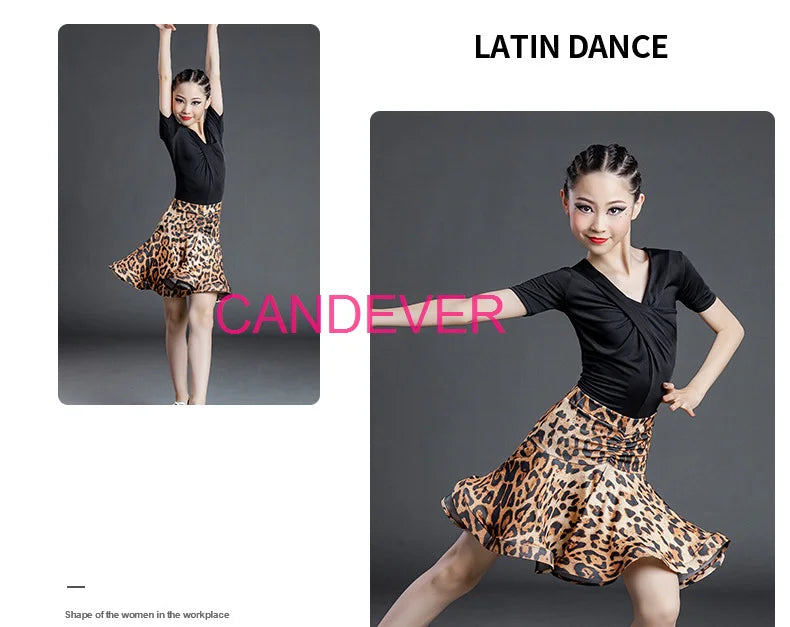 sexy Latin Dance Costume For Girls Ballroom Salsa Tango top Skirts Kids Child lace Leopard Latin Dance Split Dress Leotard Skirt