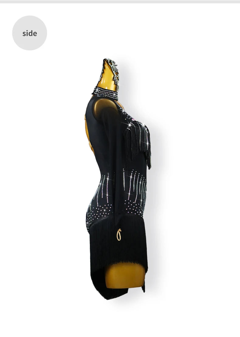 New Black Latin Dance Fringe Dresses Sexy Adult Women Competition Costume Ballroom Skirt Salsa Samba Party Stage Wear Customized
