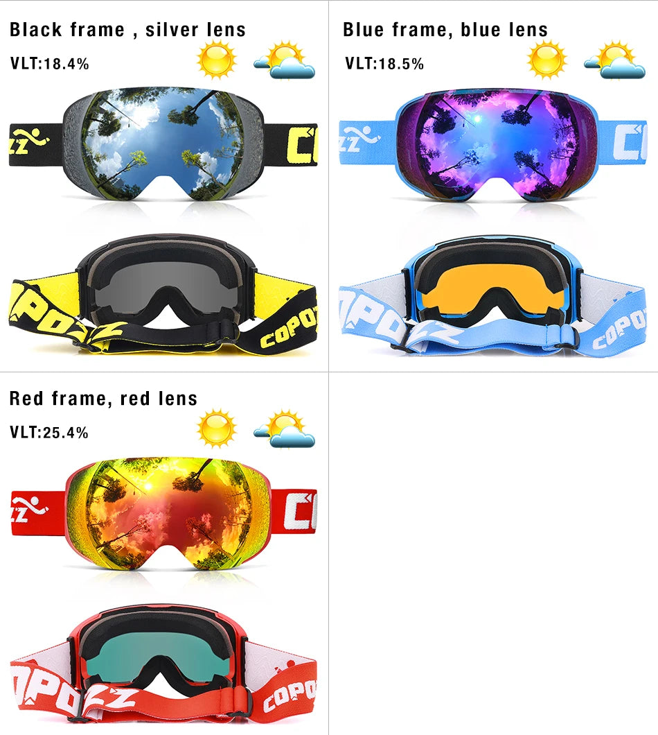 COPOZZ Magnetic Ski Goggles Men Women UV400 Protection Anti-Fog Ski Mask Outdoor Sport Snowboard Skiing Eyewear Adult