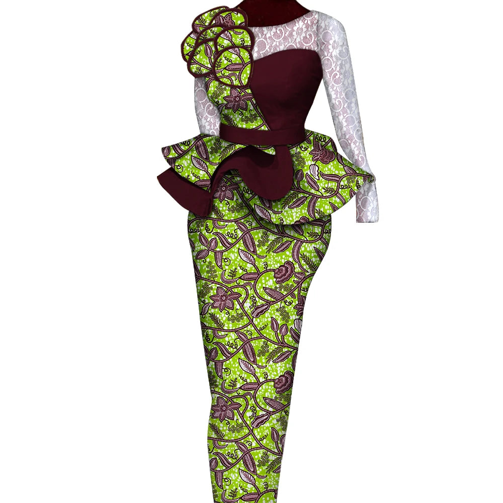 African Skirt Sets Women Suit Long Straight Skirts and Tops with Lace Decoration Bazin Riche Traditional African Clothing WY6195