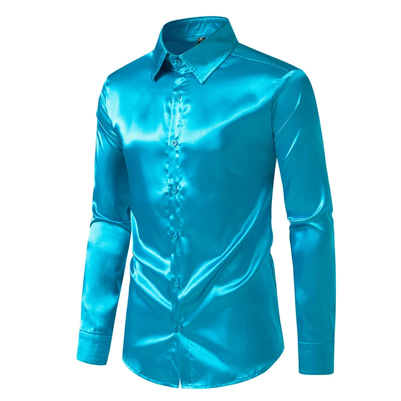 Men's Black Satin Luxury Dress Shirts Fashion Silk Smooth Tuxedo Shirt Solid Wedding Party Prom Casual Shirt Business Office