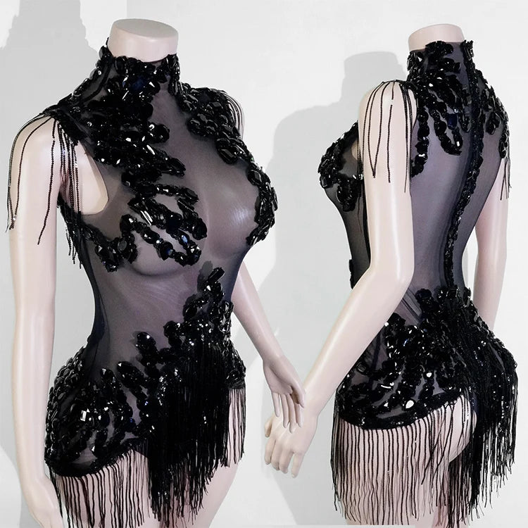 Sexy Mesh Sheer Black Rhinestone rhinestone Bodysuit Singer Dancer Show Stage Outfit Celebrate Party Night Club Performance Waer