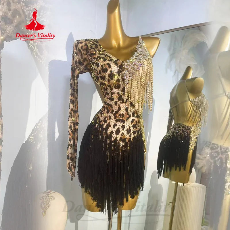 Latin Dance Competition Dresses High End Sexy Leopard Pattern Tassel Skirt Adults and Children Customized Performance Clothing