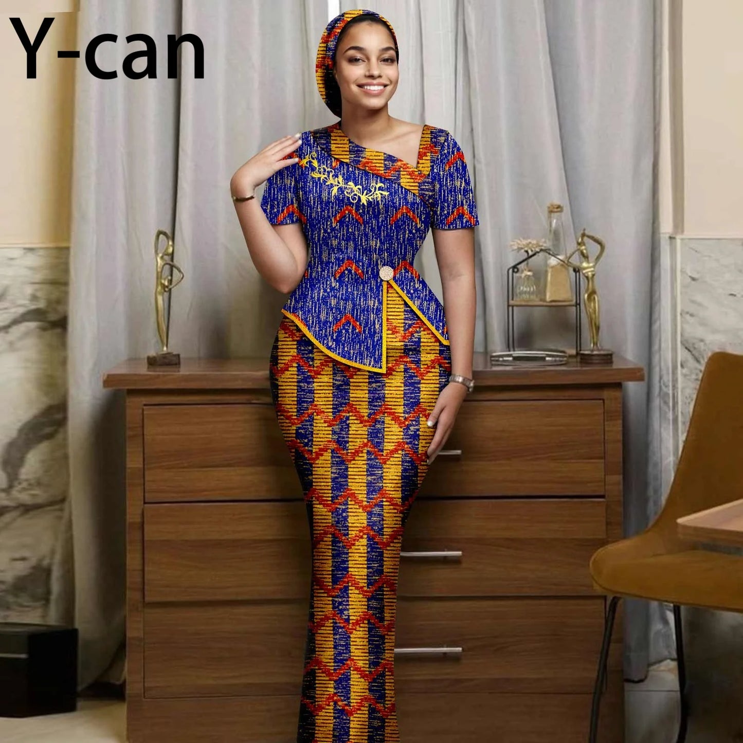 African Women Skirt Set Luxury Gown Short Sleeve Slit Top and Slim Skirt Vestidos with Headwrap Wedding Dress 2526056