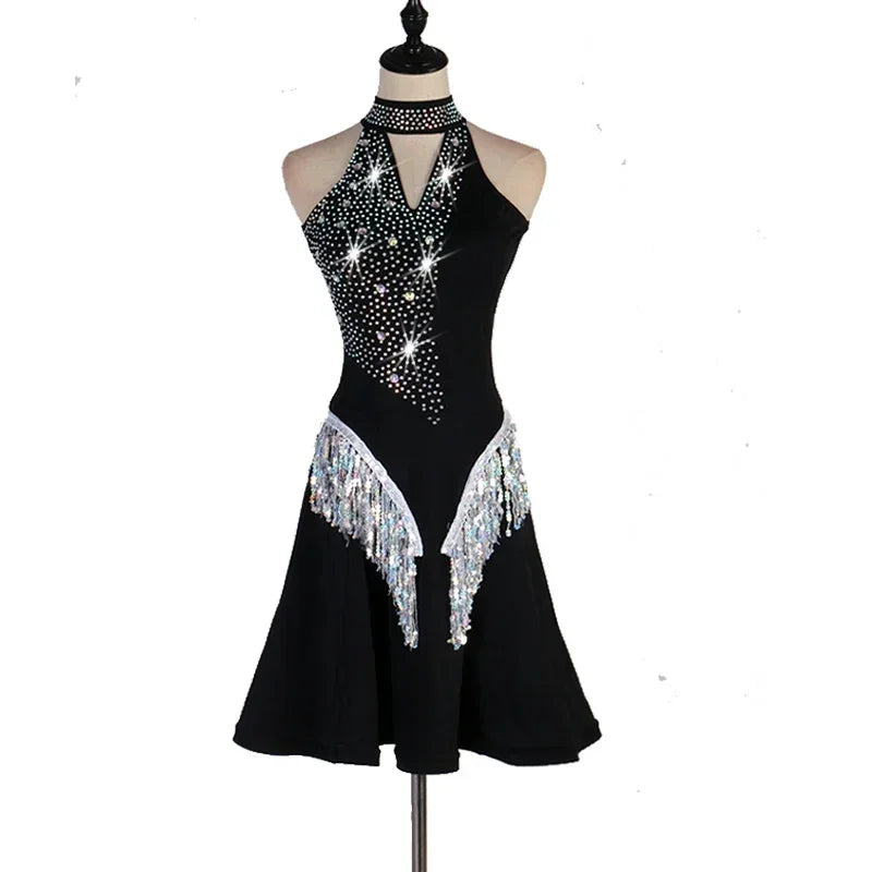 Shiny Black Red Sexy Latin Dance Dress Women High-end Custom Rumba Salsa Performance Skirt Female Dance Dresses