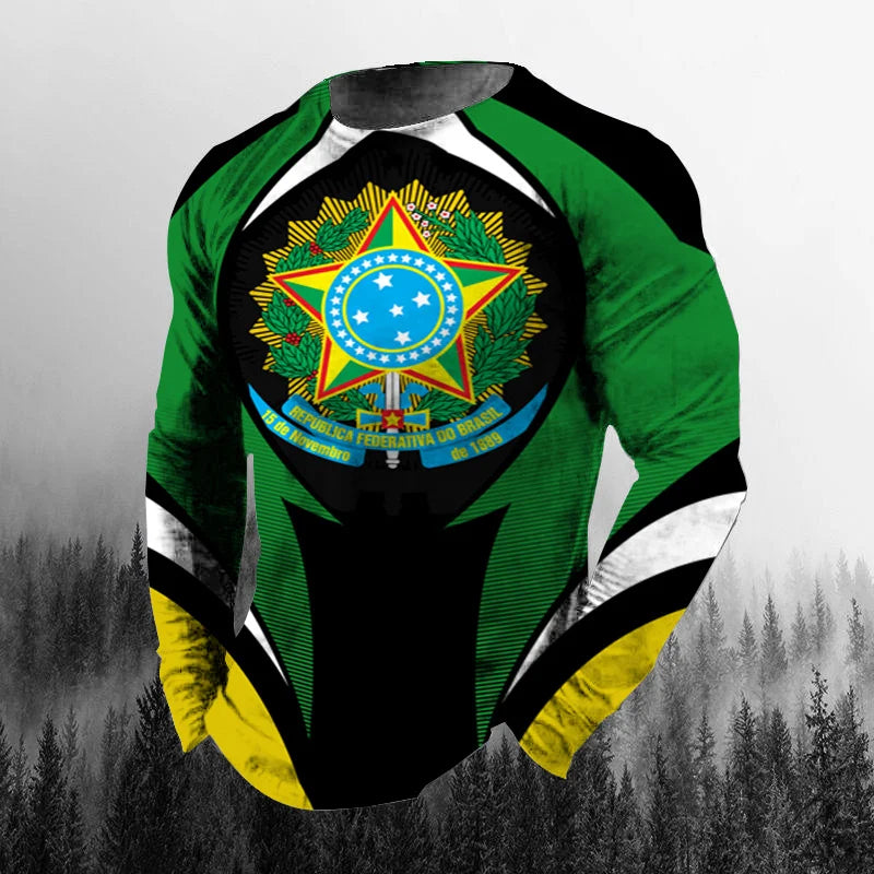Vintage Brazilian Flag 3D Print Autumn Men's O-Neck T-shirt Casual Long Sleeve Oversized T Shirt Fashion Pullover Men Clothing