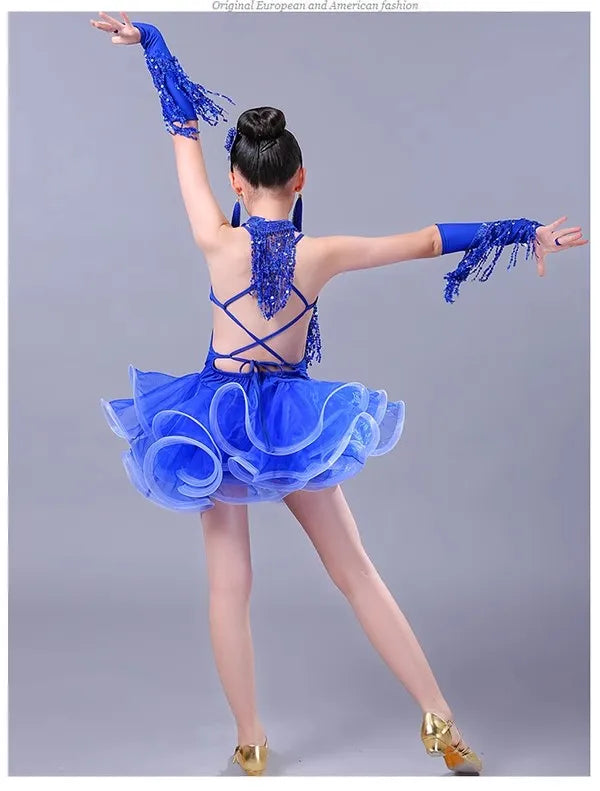 Teenager Girl 's Latin Dance Costumes Latin Skirt Sequins Performing Competition Costume Girls Salsa Dancing Tassel Dress