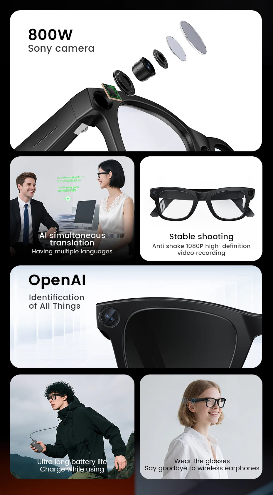 AI Smart Glasses 800W HD Camera 32 Million Interpolation Real-Time Translation AI Voice Assistant LED Flashlight  Music