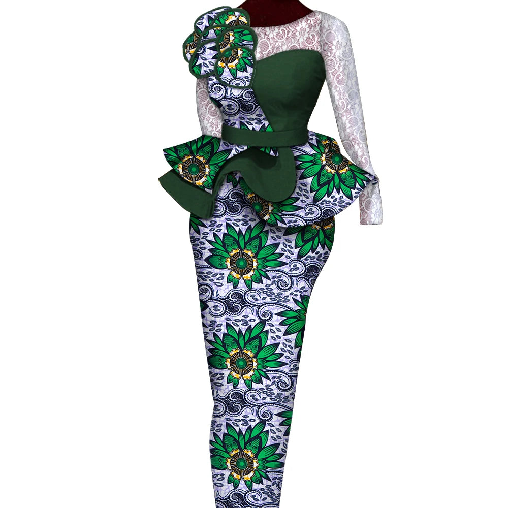 African Skirt Sets Women Suit Long Straight Skirts and Tops with Lace Decoration Bazin Riche Traditional African Clothing WY6195