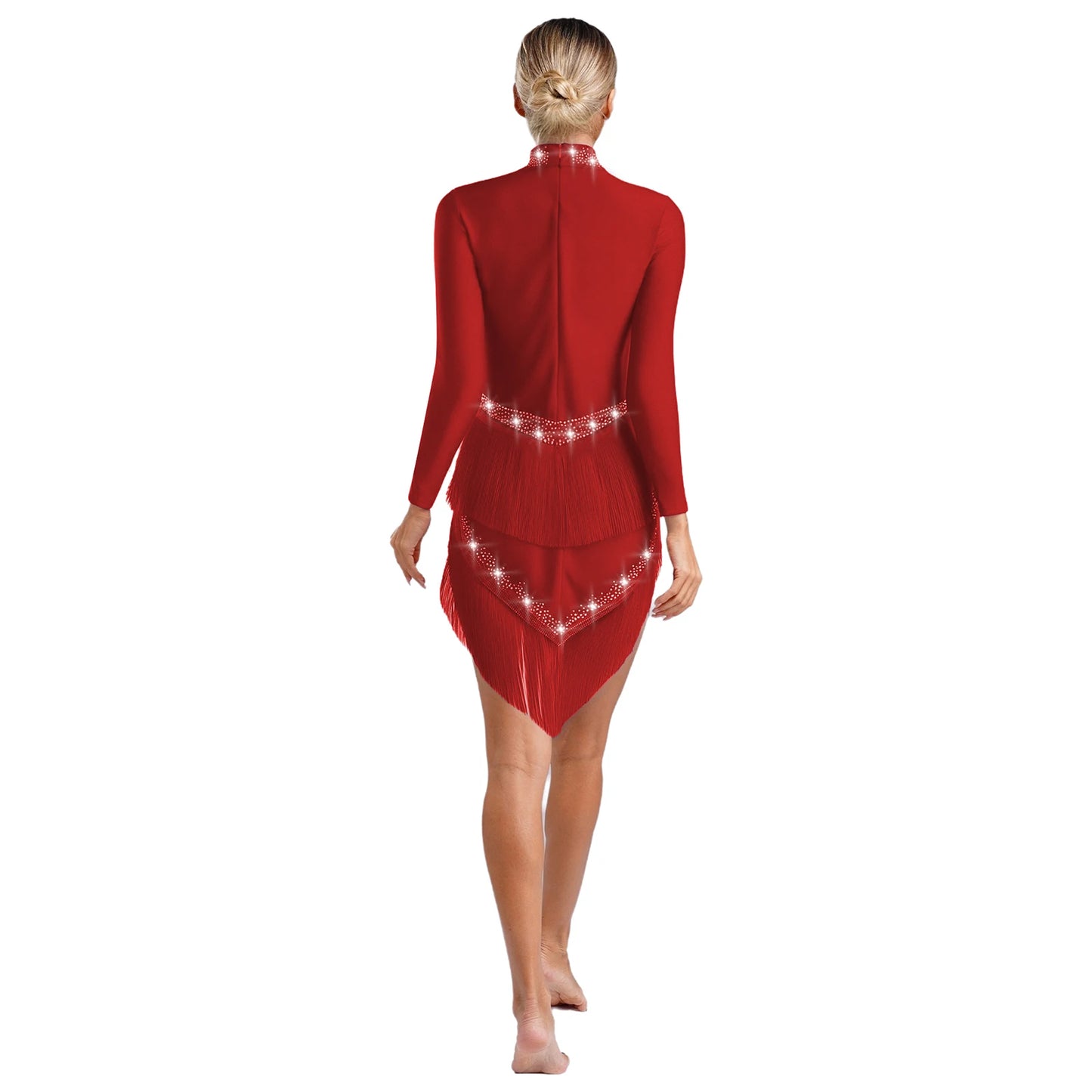 Womens Tassel Latin Tango Samba Dance Dresses Stage Performance Costume Long Sleeve Irregular Hem Shiny Rhinestones Dance Dress