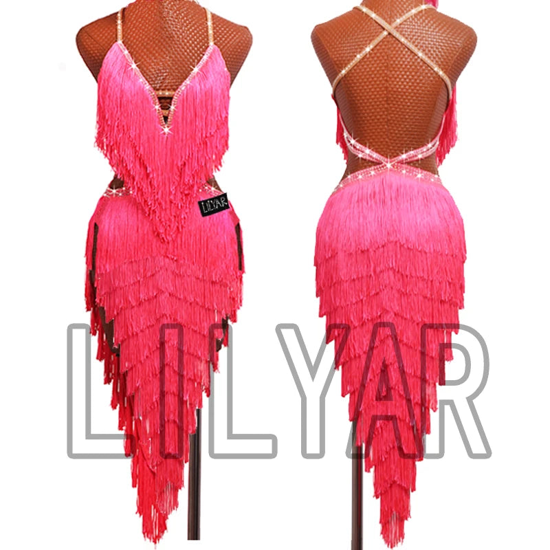 New professional Latin Dance Performance Competition Dress Adult Women Sparkling Pink Tassel Backless Dance Dress