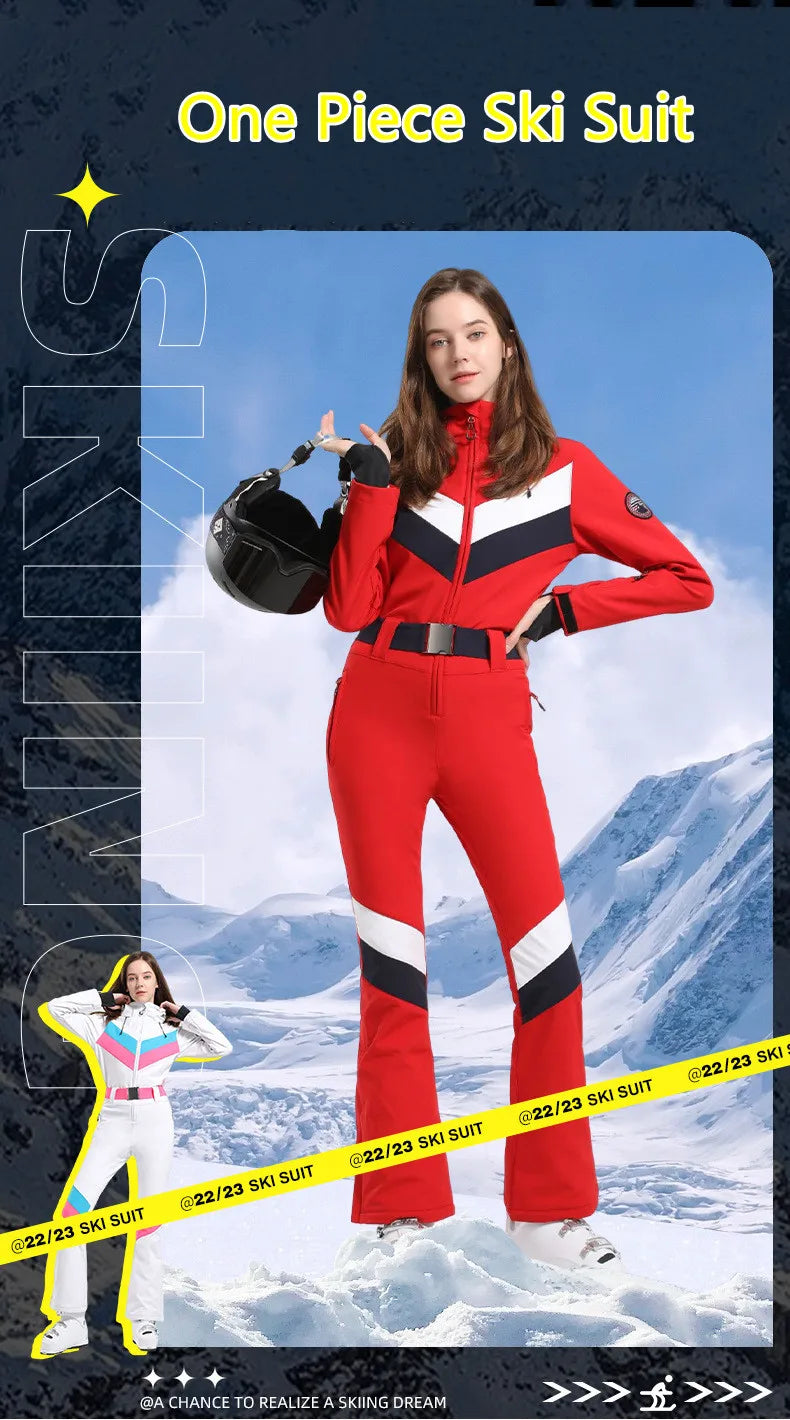Women One Piece Ski Suit Winter Snowboard Jumpsuit Waterproof Windproof Thicken Hooded Outdoor Sport Wear for Mountain Hiking