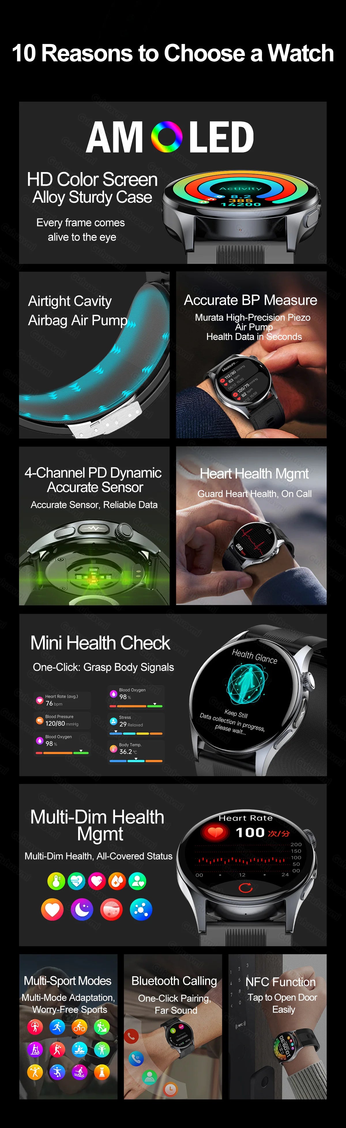Smartwatch  AMOLED Screen Call ECG Sport Watchs Air pump Measurement BP Micro physical examination AI dial Smart Watch Men Women
