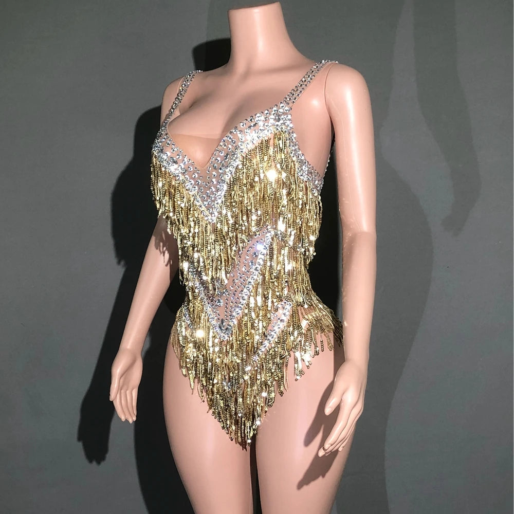 Sparkly Rhinestones Fringes Bodysuit Women Sexy See Through Party Outfit Performance Dance Costume Singer Dancer Show Stage Wear