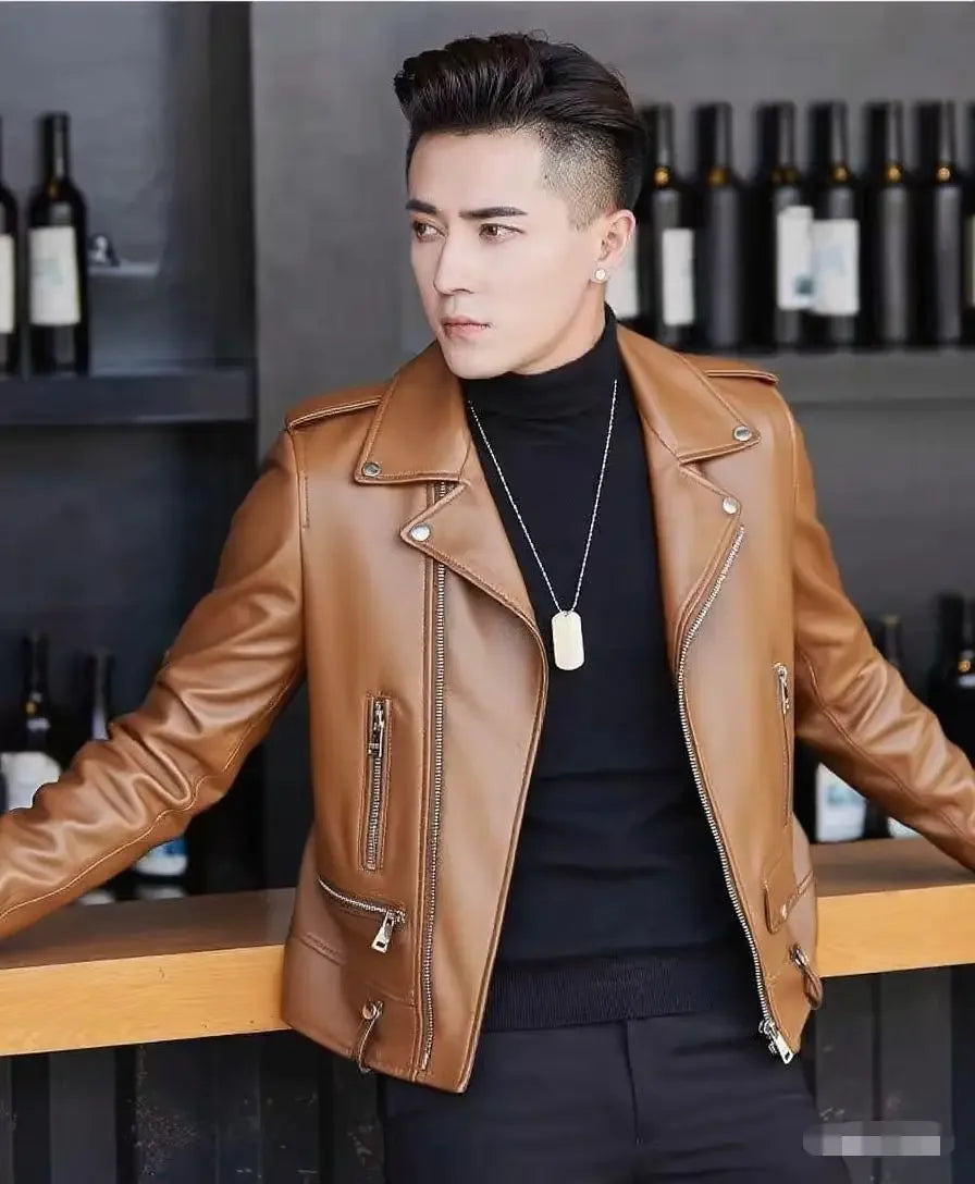 Men's Slim Fit PU Leather Jacket Fashionable Motorcycle Style Spring Autumn Korean Version Casual Outerwear Male Biker Coat