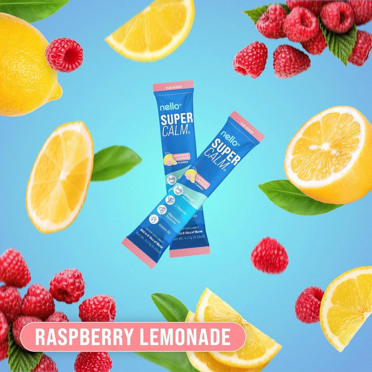Nello Supercalm Powdered Mix, Raspberry Lemonade, L Theanine, Ksm-66 Ashwagandha, Magnesium Glycinate, Vitamin D 3, Supple