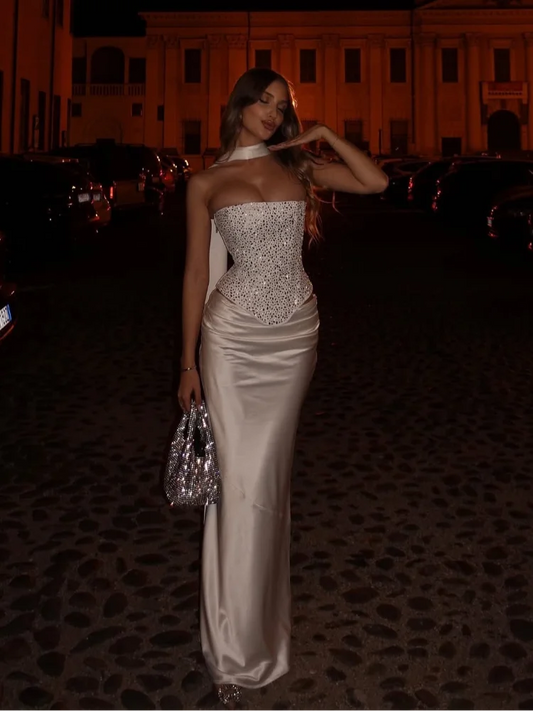 Sexy Sequin Top Long Skirt Set Women Strapless Off-shoulder Slim Tops High Waist Satin Skirts Sets Lady Vacation Party Outfits