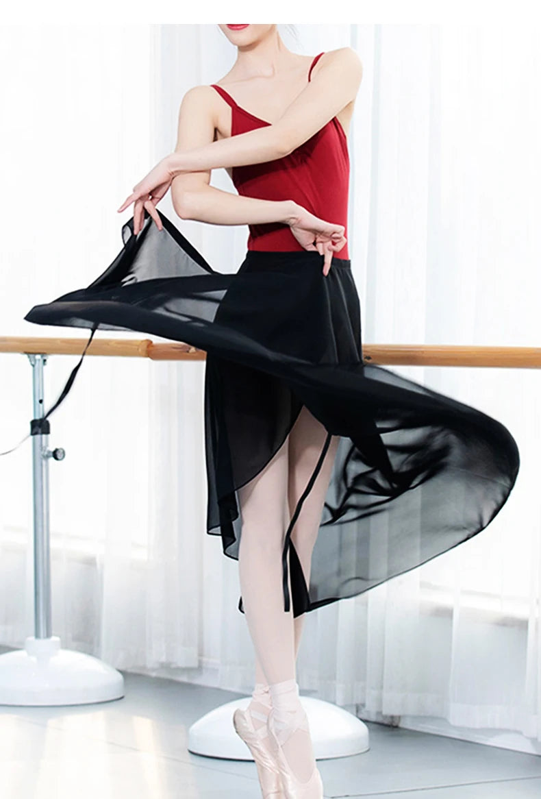 Adults Women Ballet Dance Skirts Long Chiffon Dance Skirts Lyrical Soft Ballet Dress Black Burgundy Translucent Dance Costumes