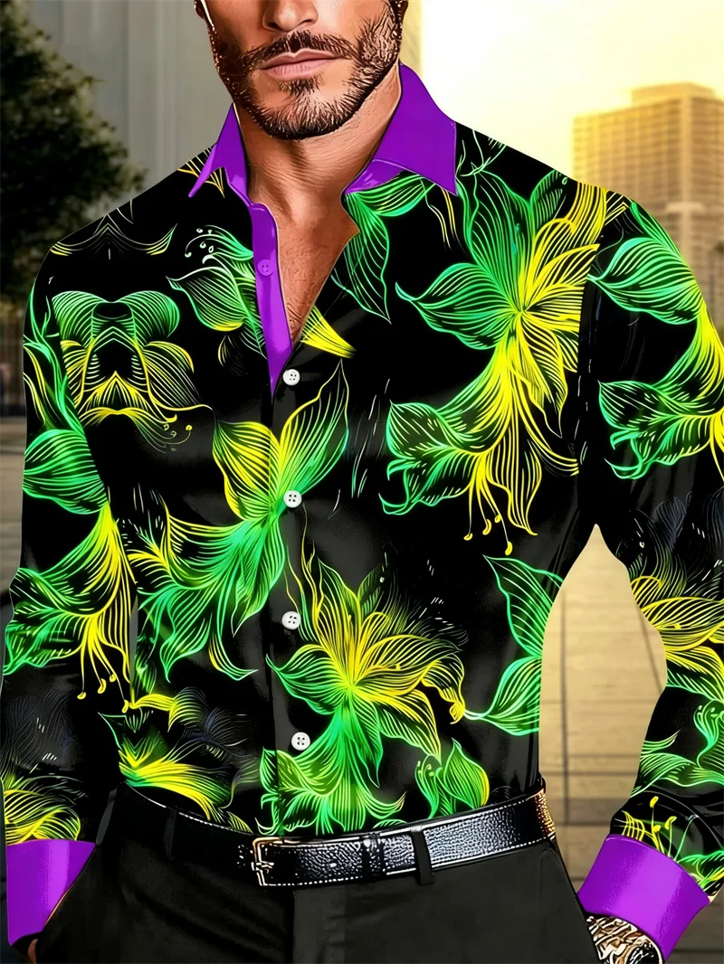 New men's long sleeved shirt casual fashion 3D petal print high-quality shirt single breasted long sleeved top