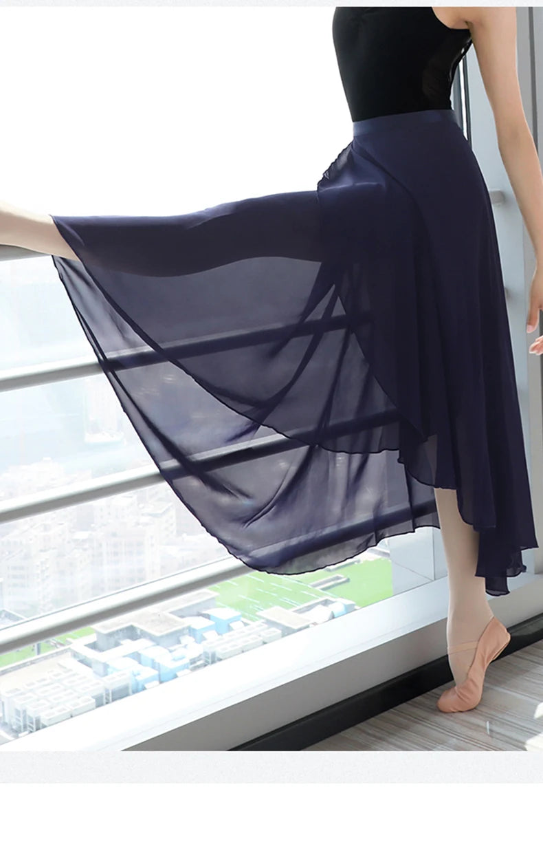Adults Women Ballet Dance Skirts Long Chiffon Dance Skirts Lyrical Soft Ballet Dress Black Burgundy Translucent Dance Costumes