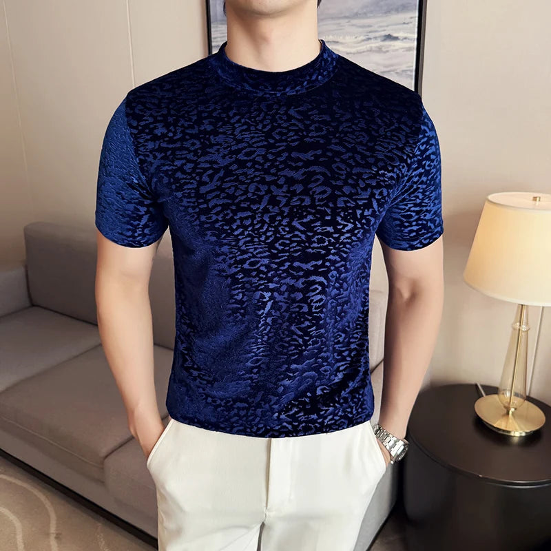Men's T-Shirts Korean Fashion Gold Velvet Short Sleeve Mens Casual T Shirt Slim Fit Breathable Turtleneck Tee Shirt Homme 4XL-M