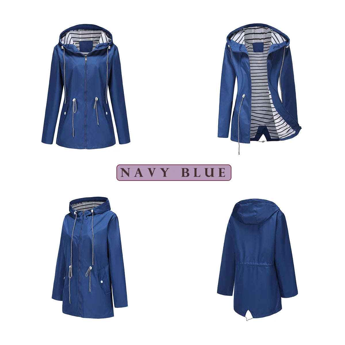 Red Waterproof Hooded Jacket, Women Fashion Casual Coat, Waist Drawstring Tie Zipper Switch Blue Green Yellow Black Windbreaker