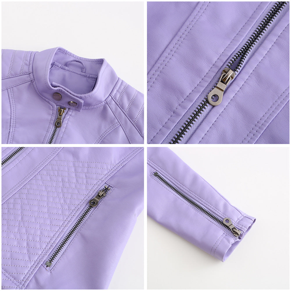 2026 New Lavender Purple Women's Long Sleeve PU Jacket, Fashion Motorcycle Leather Jackets, Red Coat, Black Outerwear.