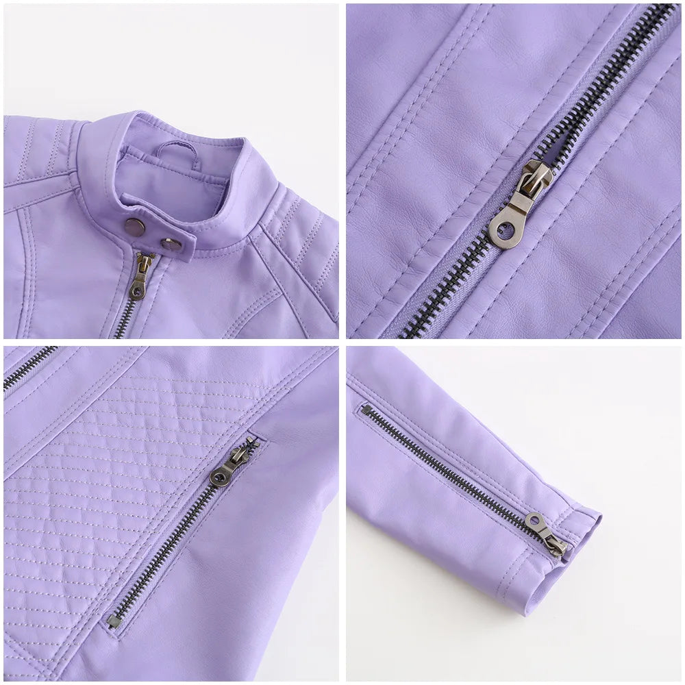 2026 New Lavender Purple Women's Long Sleeve PU Jacket, Fashion Motorcycle Leather Jackets, Red Coat, Black Outerwear.