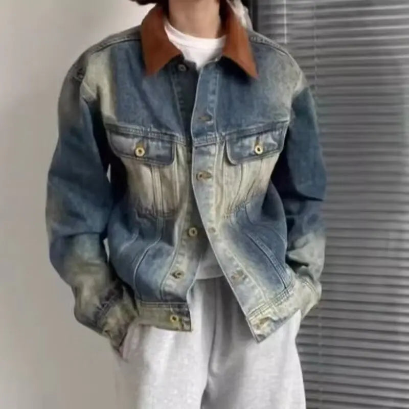 American Sle Loose Men's Denim Jaet Retro Waed Spring Autumn Casual Outerwear Long Sve Square Collar Travel Friendly